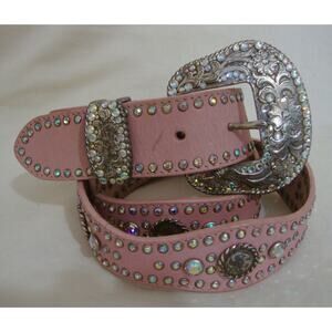 Vintage NOCONA Swarovski BELT Pink Leather XL Western Silver Crystal Distressed